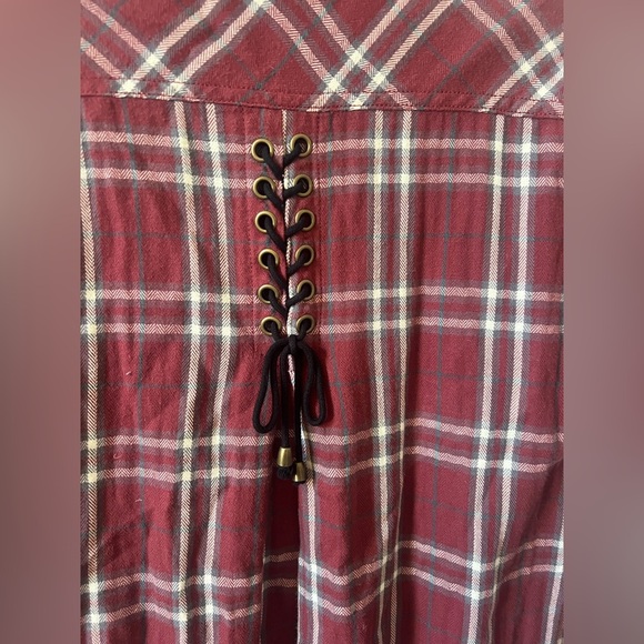 MM VINTAGE Plaid Shirt Shacket/ Dress Lace Up Corset Back Fringe Hem M - Picture 6 of 6